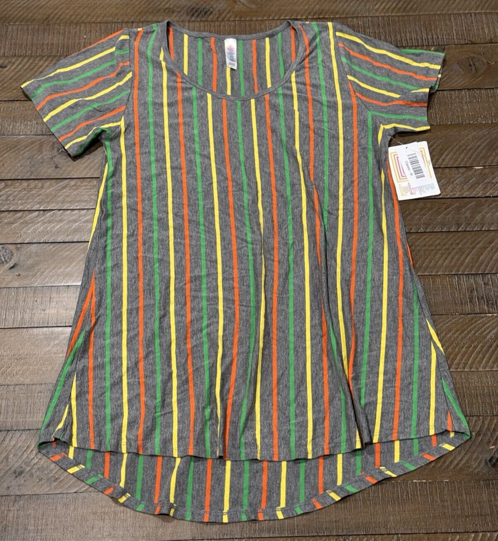 LuLaRoe Classic T-Shirt Grey with Orange/Yellow/Green Stripes - Size M